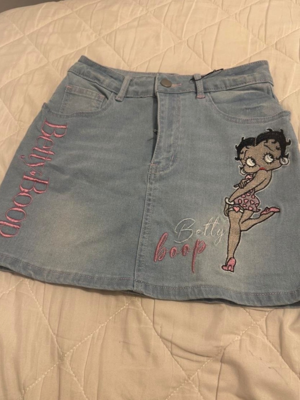 Betty Boop Embroidered Light Blue Denim Skirt